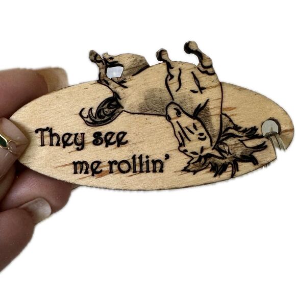Unbranded Horse Lovers Laser "They See Me Rollin" Engraved Wooden Oval Key Ring - Picture 1 of 3
